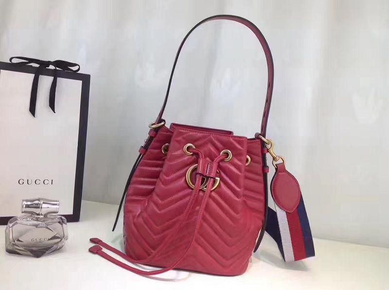 #476674 G*u*i 2018 premium original leather gg marmont quilted leather bucket bag-red