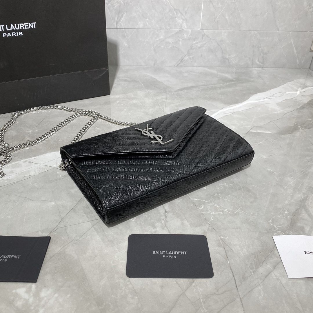 #360452 YSL SAINT LAURENT MONOGRAM CHAIN WALLET IN GRAIN DE POUDRE EMBOSSED LEATHER-BLACK SLIVER