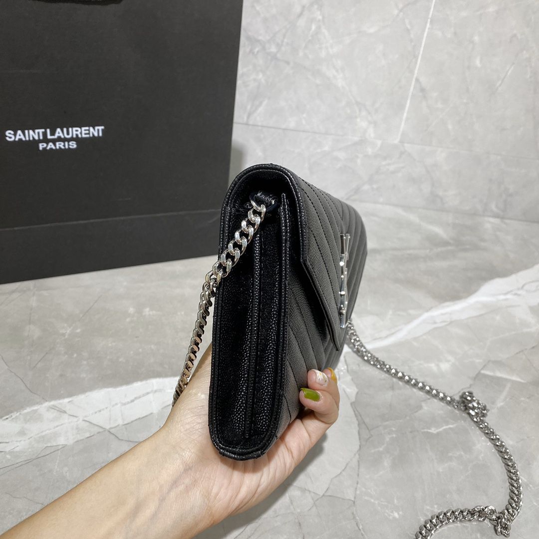 #360452 YSL SAINT LAURENT MONOGRAM CHAIN WALLET IN GRAIN DE POUDRE EMBOSSED LEATHER-BLACK SLIVER