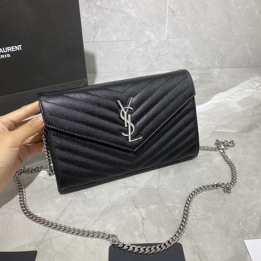 #360452 YSL SAINT LAURENT MONOGRAM CHAIN WALLET IN GRAIN DE POUDRE EMBOSSED LEATHER-BLACK SLIVER