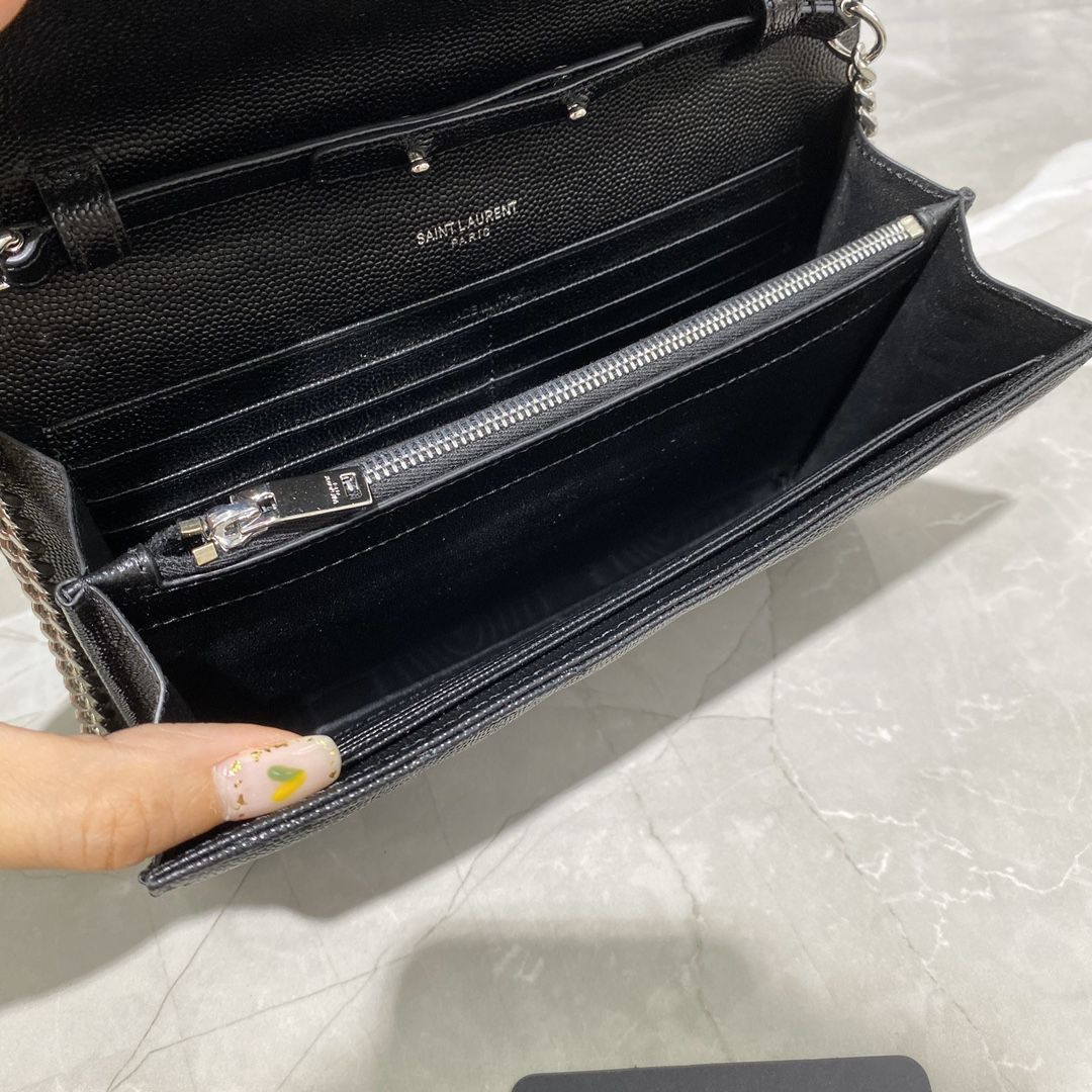#360452 YSL SAINT LAURENT MONOGRAM CHAIN WALLET IN GRAIN DE POUDRE EMBOSSED LEATHER-BLACK SLIVER