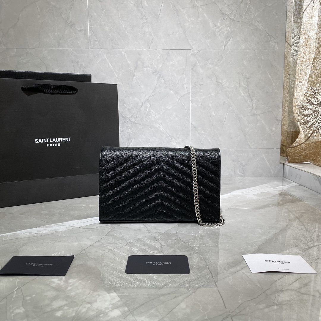 #360452 YSL SAINT LAURENT MONOGRAM CHAIN WALLET IN GRAIN DE POUDRE EMBOSSED LEATHER-BLACK SLIVER