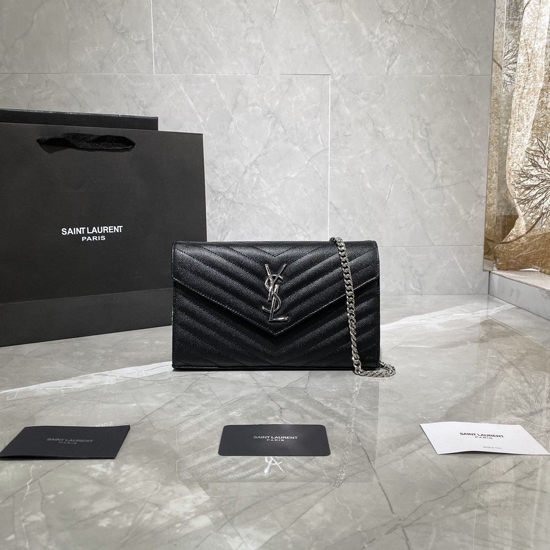 #360452 YSL SAINT LAURENT MONOGRAM CHAIN WALLET IN GRAIN DE POUDRE EMBOSSED LEATHER-BLACK SLIVER