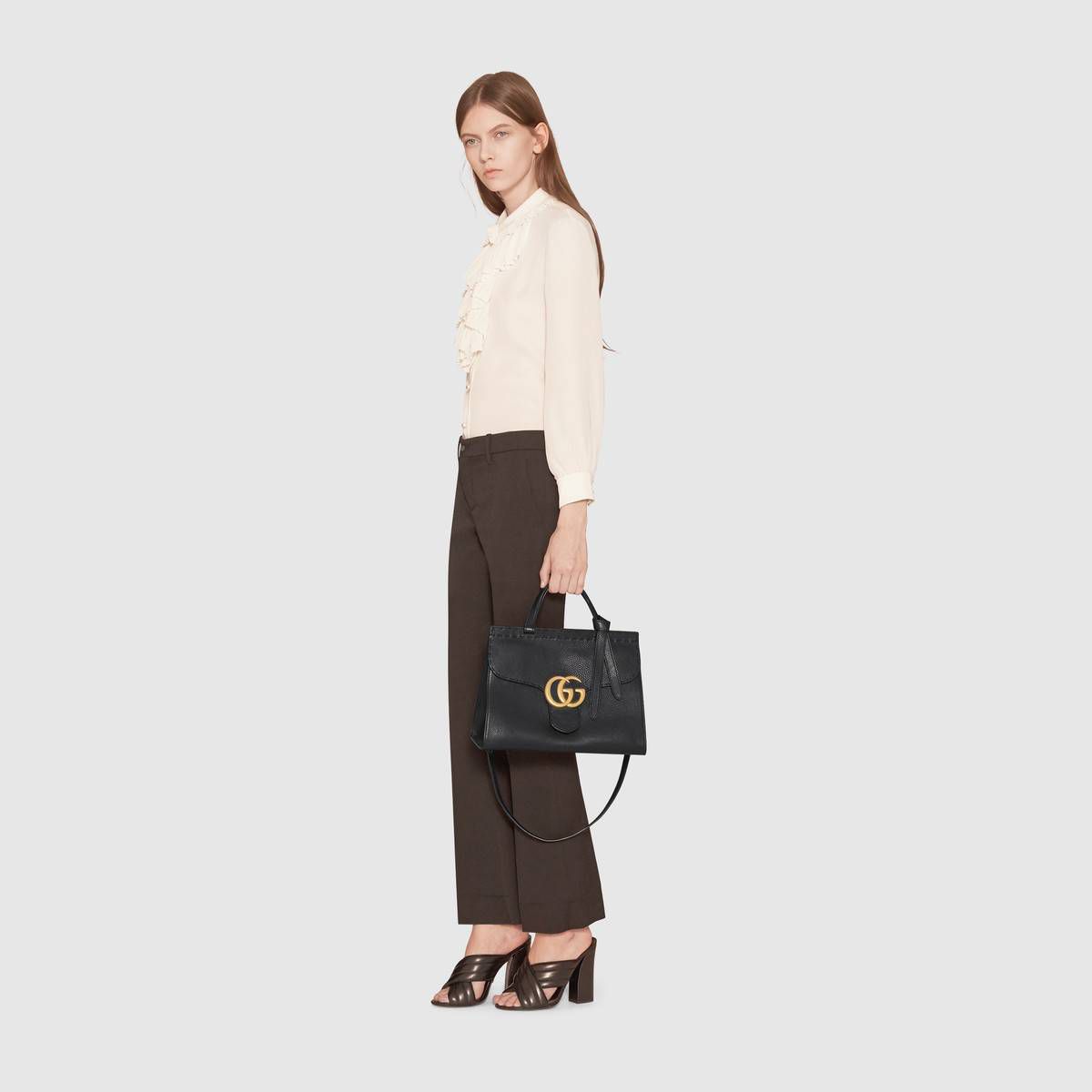 #442622 G*u*i 2018 original leather gg marmont small top handle bag-black