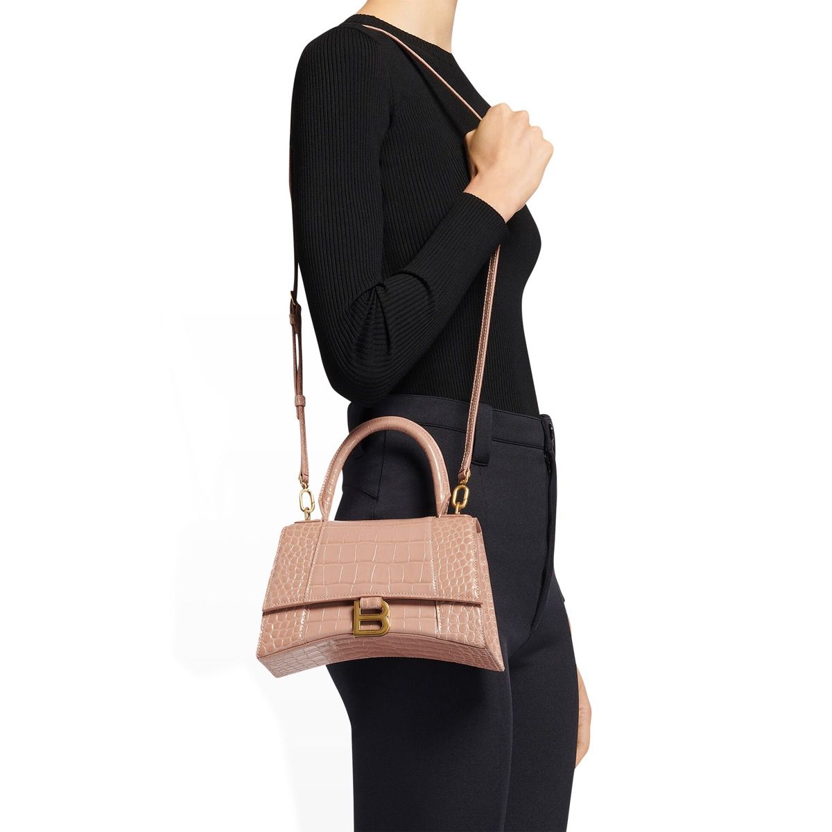 Ba*len*cia*ga hourglass xs handbag crocodile embossed in black-beige