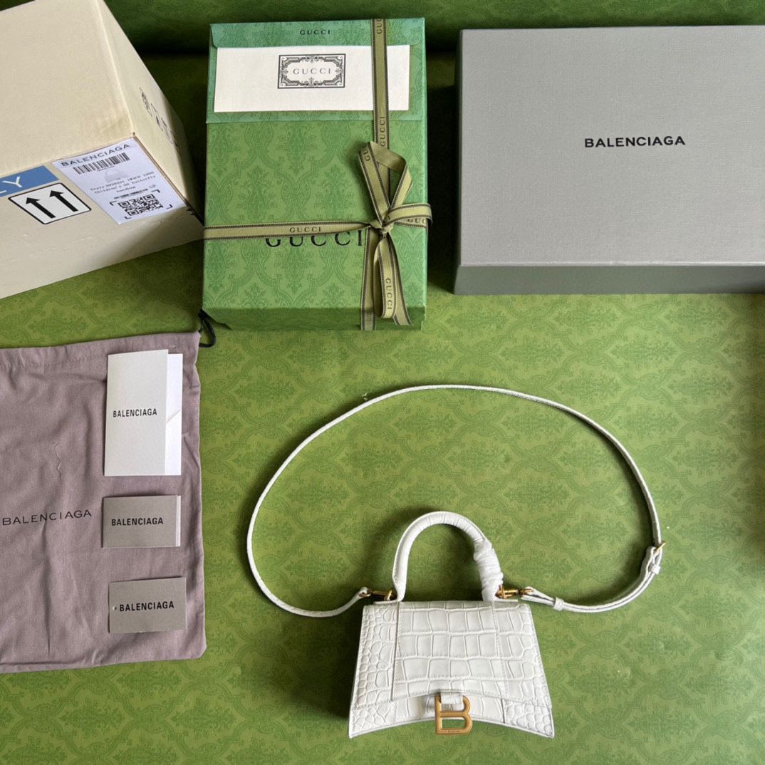 Ba*len*cia*ga hourglass xs handbag crocodile embossed in black-white