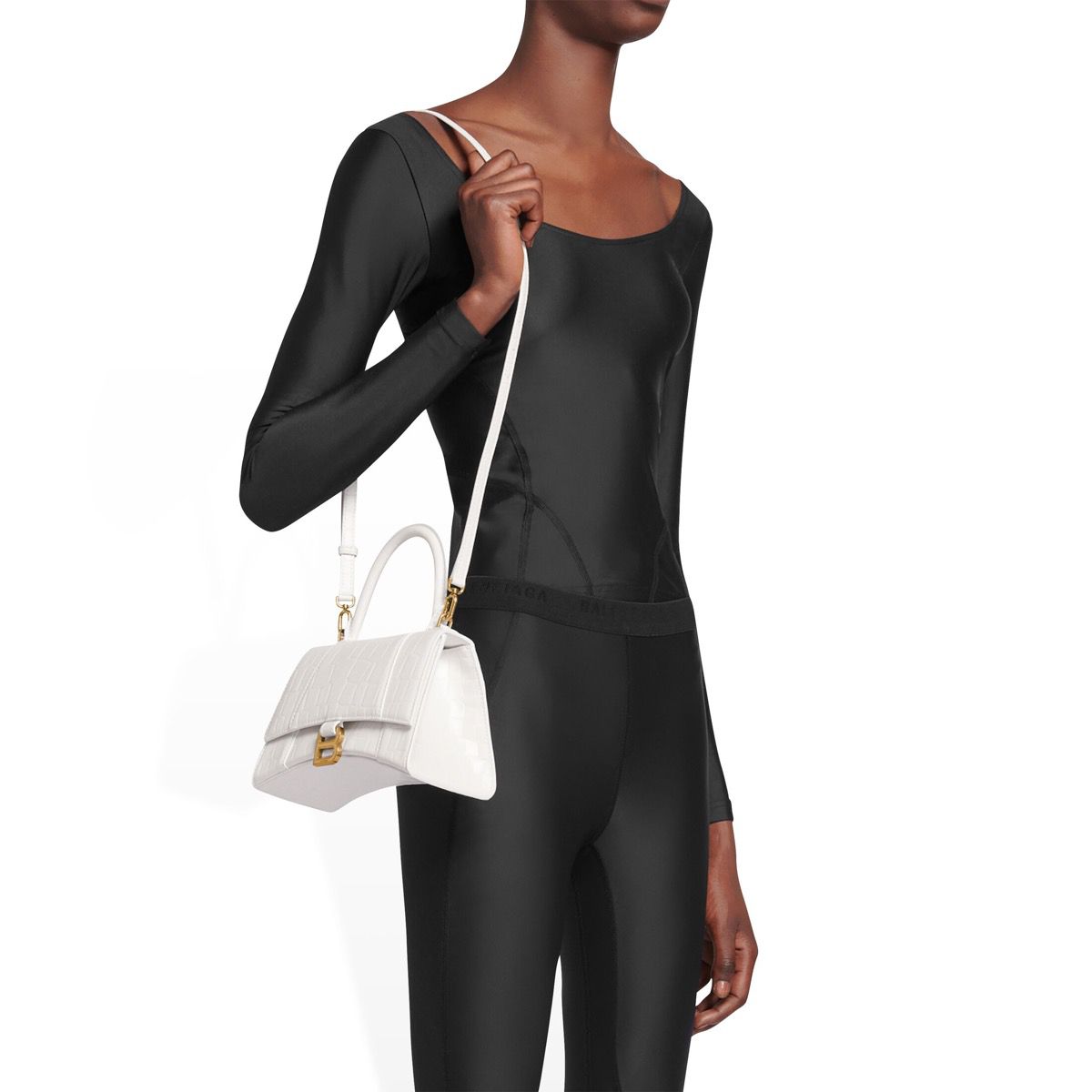 Ba*len*cia*ga hourglass xs handbag crocodile embossed in black-white