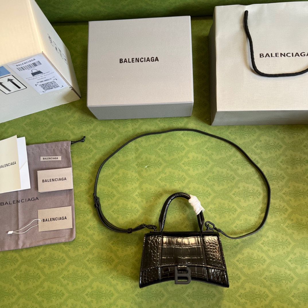 Ba*len*cia*ga hourglass xs handbag crocodile embossed in black