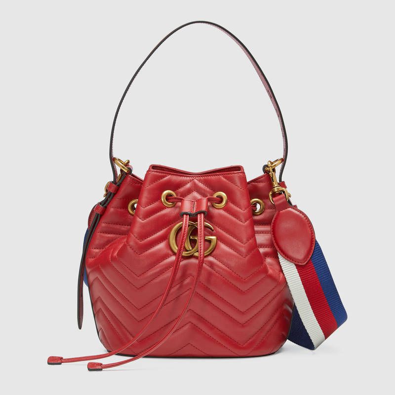 #476674 G*u*i 2018 premium original leather gg marmont quilted leather bucket bag-red