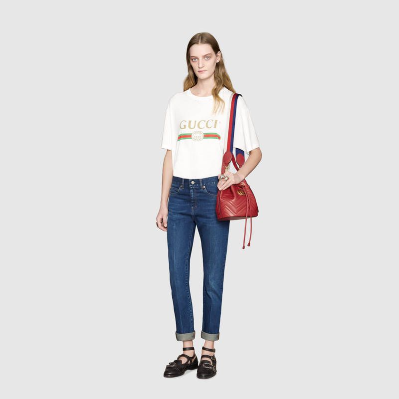 #476674 G*u*i 2018 premium original leather gg marmont quilted leather bucket bag-red
