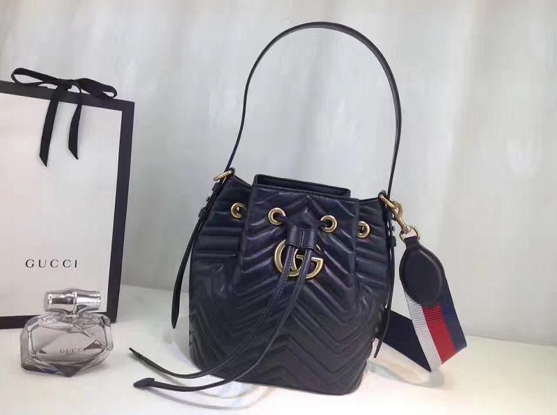 #476674 G*u*i 2018 premium original leather gg marmont quilted leather bucket bag-black