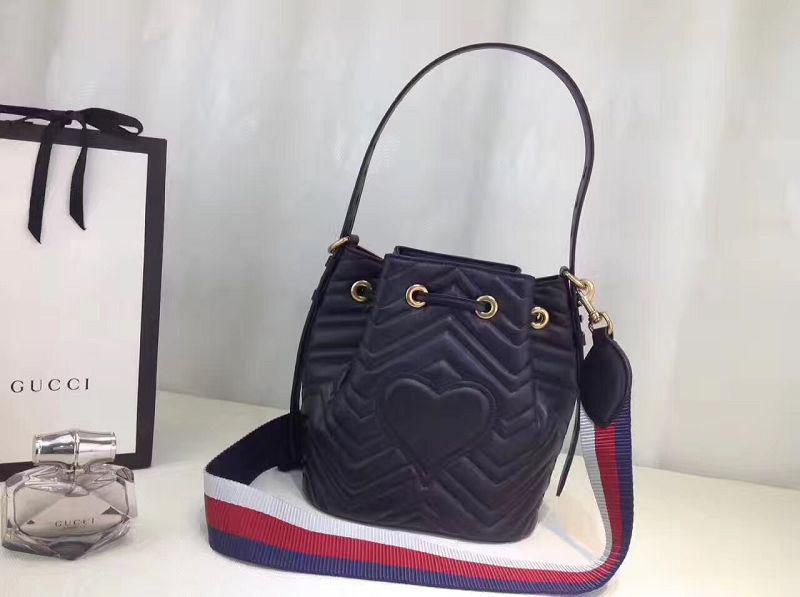 #476674 G*u*i 2018 premium original leather gg marmont quilted leather bucket bag-black