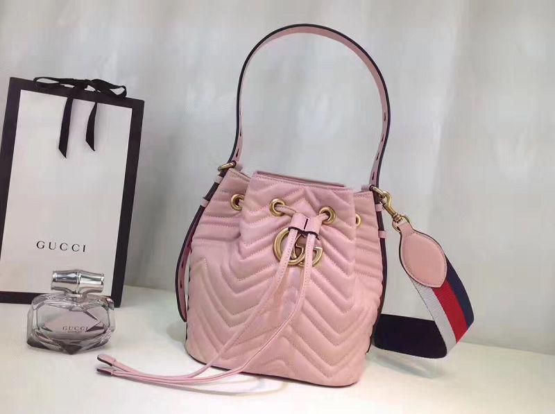 #476674 G*u*i 2018 premium original leather gg marmont quilted leather bucket bag-light pink