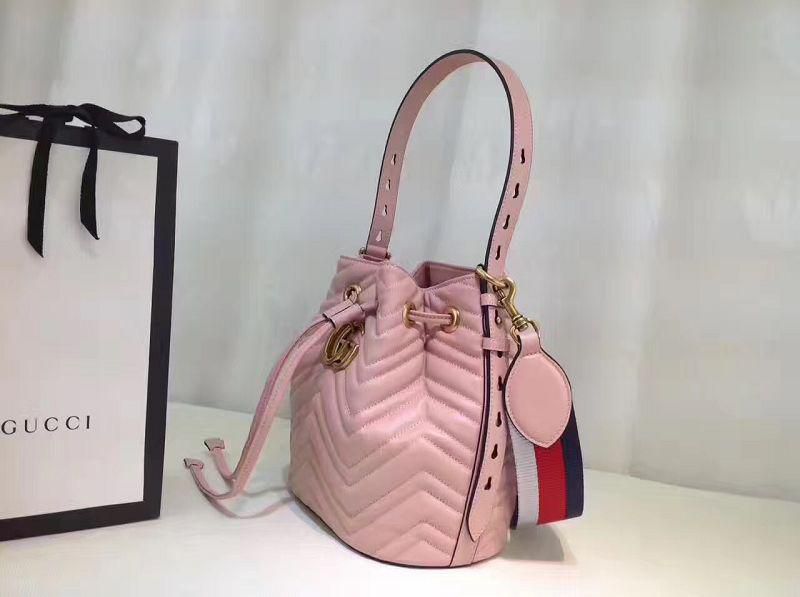 #476674 G*u*i 2018 premium original leather gg marmont quilted leather bucket bag-light pink
