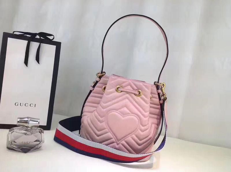 #476674 G*u*i 2018 premium original leather gg marmont quilted leather bucket bag-light pink