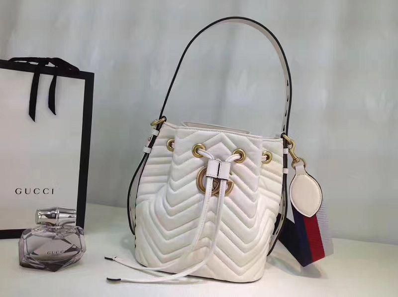 #476674 G*u*i 2018 premium original leather gg marmont quilted leather bucket bag-white