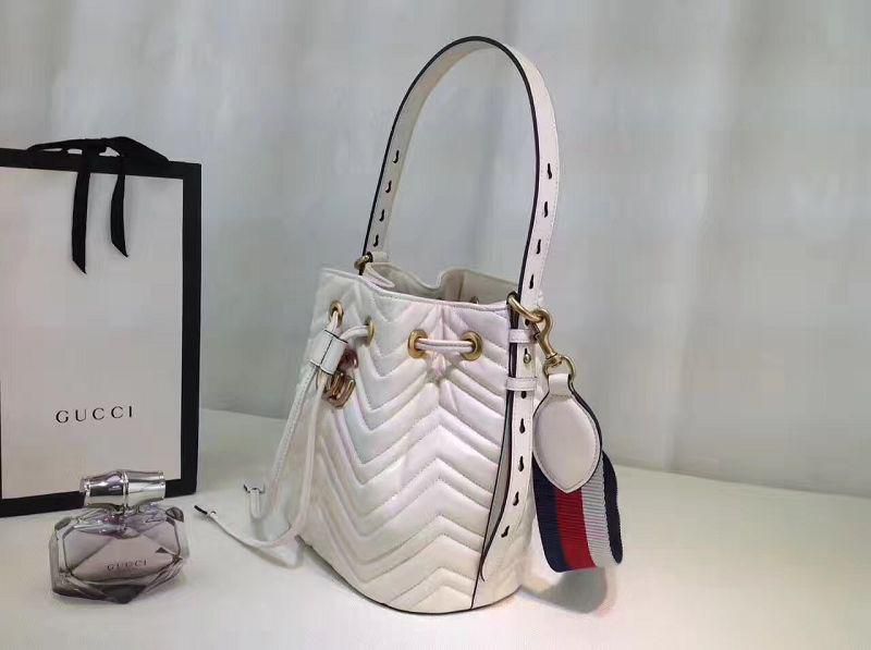 #476674 G*u*i 2018 premium original leather gg marmont quilted leather bucket bag-white