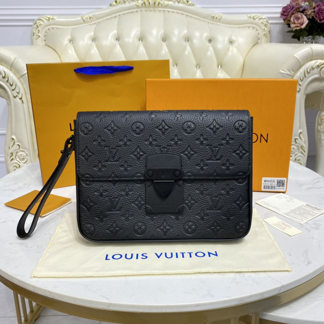 #m80582 l**is V*t*n monogram embossed taurillon leather s lock a4 pouch-black