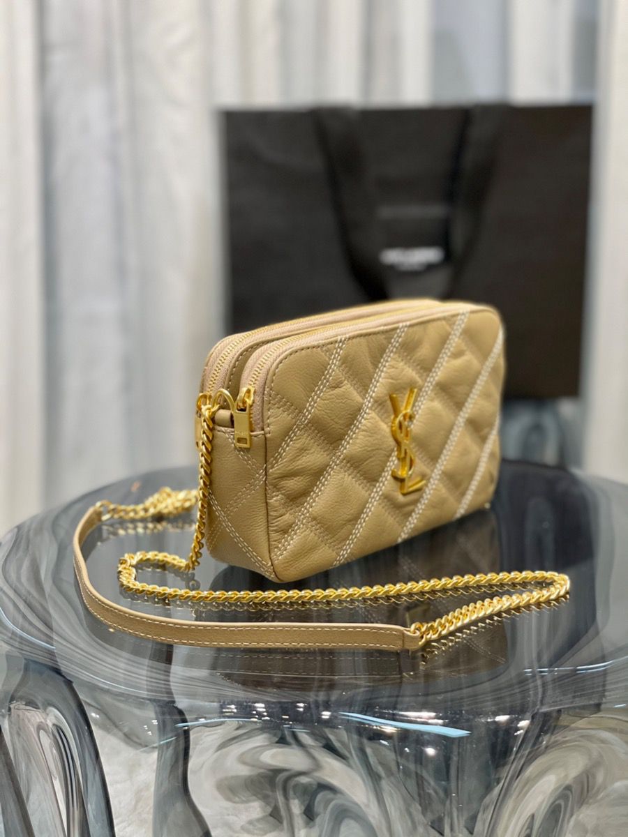 YSL Saint Laurent Becky Quilted Double-Zip Pouch-Kaki