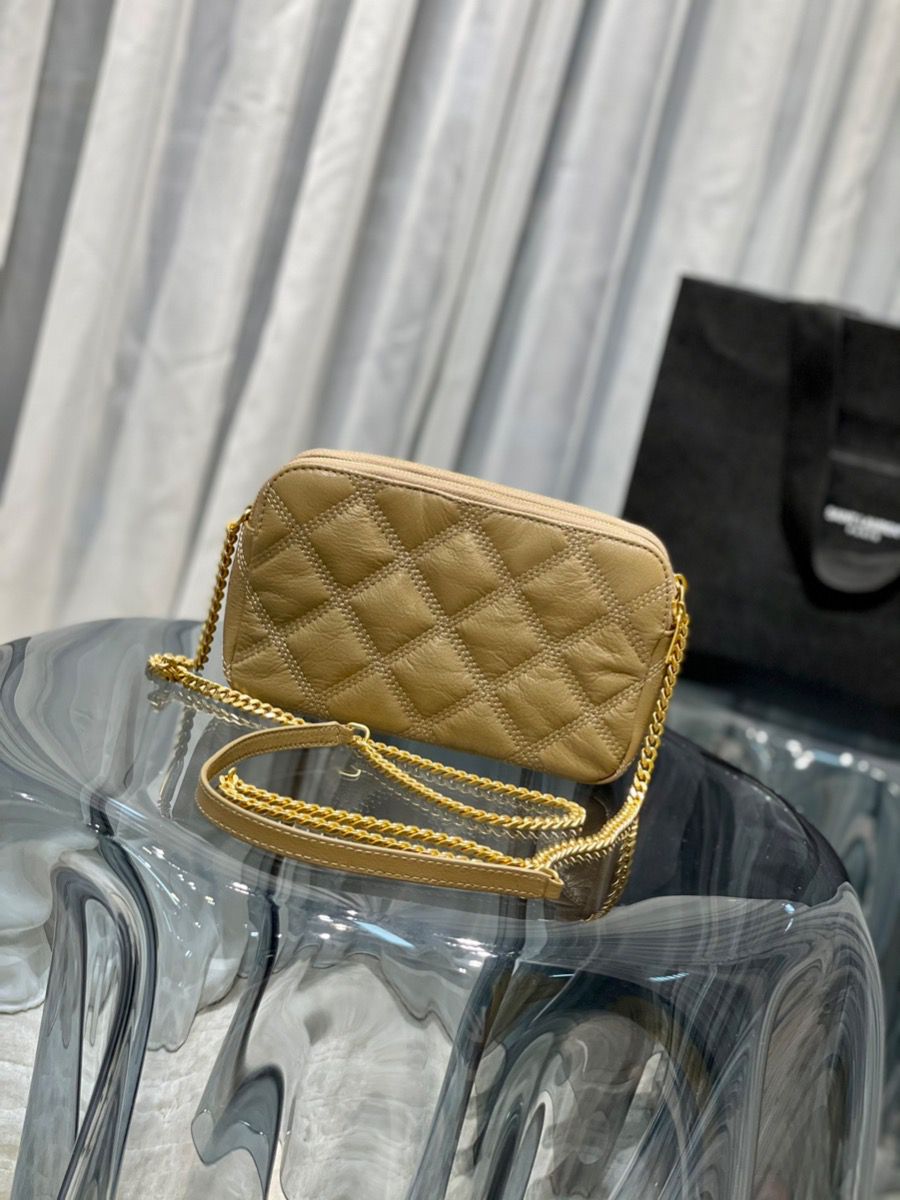 YSL Saint Laurent Becky Quilted Double-Zip Pouch-Kaki