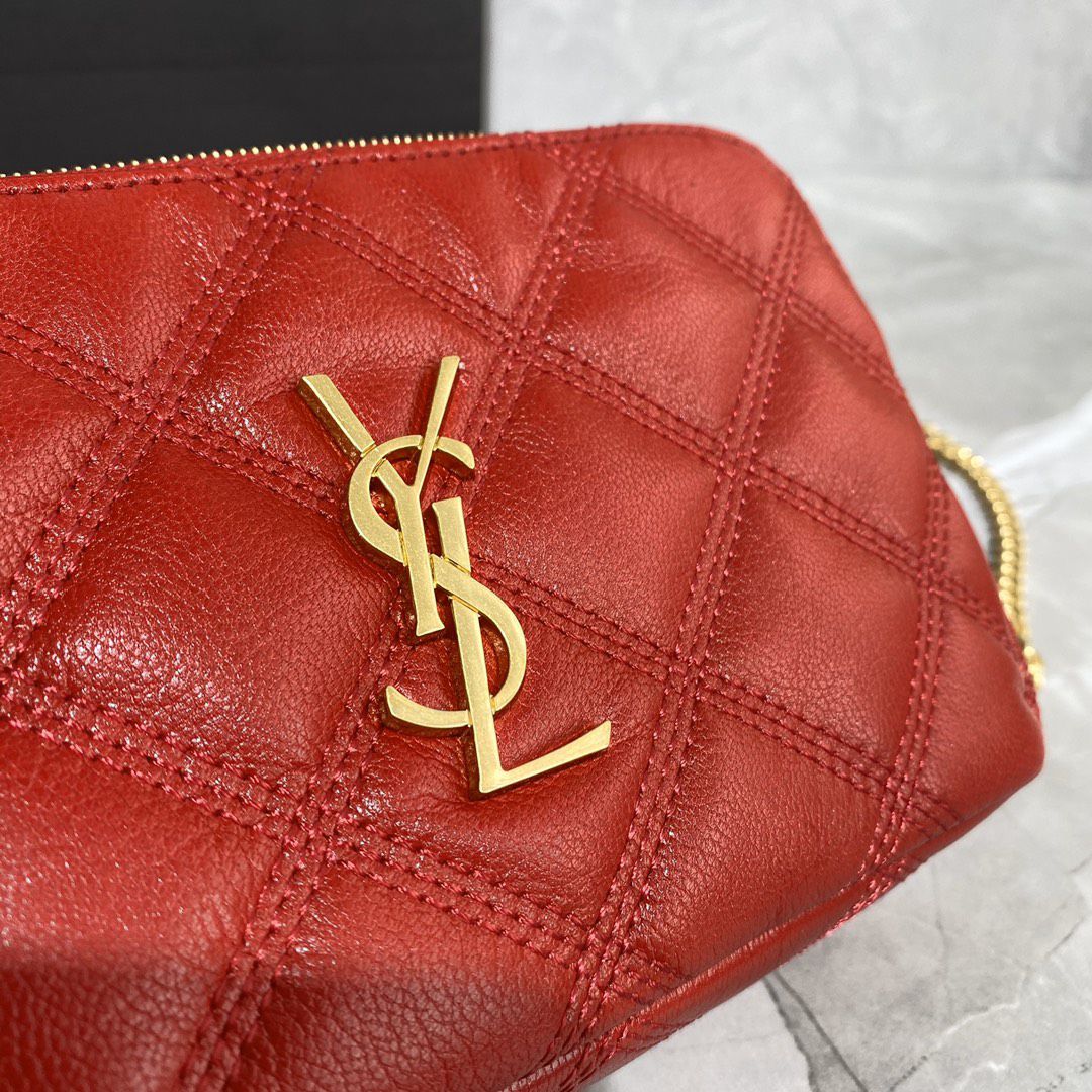 YSL Saint Laurent Becky Quilted Double-Zip Pouch-Red
